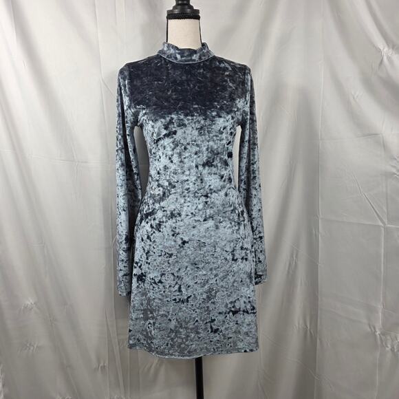 Kinchi Blue 90s Velvet Dress Women Medium Blue Crushed Long Sleeve Mock Neck - Picture 2 of 10